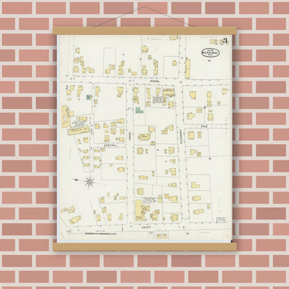 Old map wall art mockup — magnetic wood frame on brick wall — Sanborn Fire Insurance Map from Merrimac, Essex County, Massachusetts (1896), Sheet #0003