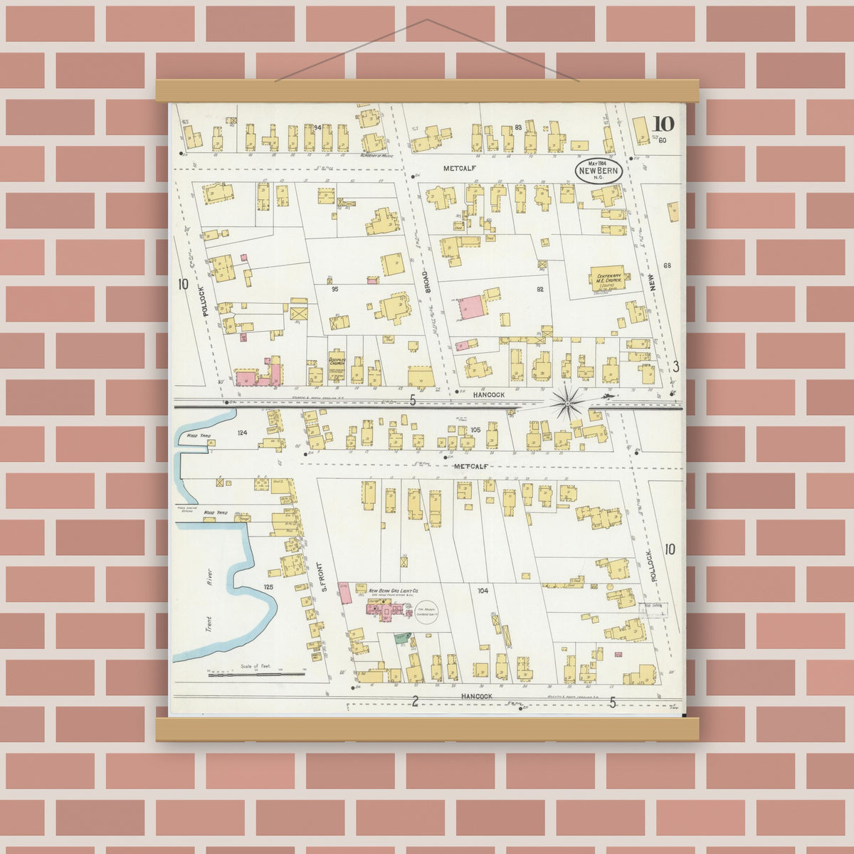 Old map wall art mockup — magnetic wood frame on brick wall — Sanborn Fire Insurance Map from New Bern, Craven County, North Carolina (1904), Sheet #0010