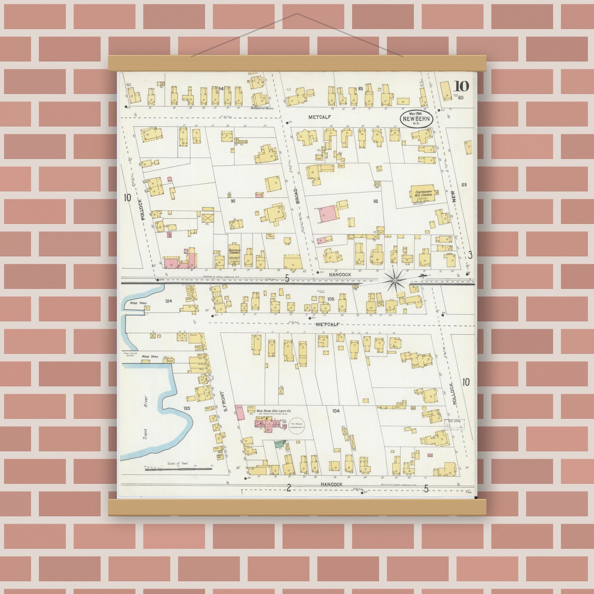 Old map wall art mockup — magnetic wood frame on brick wall — Sanborn Fire Insurance Map from New Bern, Craven County, North Carolina (1904), Sheet #0010