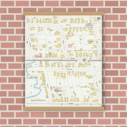 Old map wall art mockup — magnetic wood frame on brick wall — Sanborn Fire Insurance Map from New Bern, Craven County, North Carolina (1904), Sheet #0010