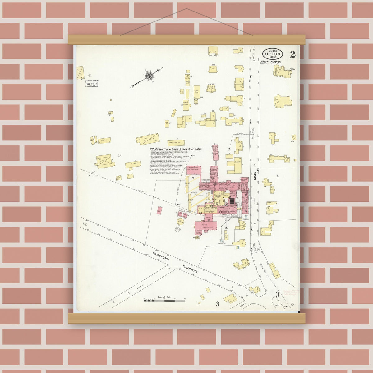 Old map wall art mockup — magnetic wood frame on brick wall — Sanborn Fire Insurance Map from Upton, Worcester County, Massachusetts (1910), Sheet #0002