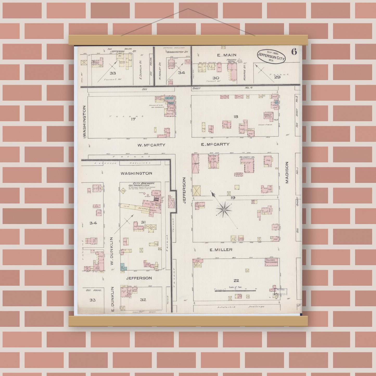 Old map wall art mockup — magnetic wood frame on brick wall — Sanborn Fire Insurance Map from Jefferson City, Cole County, Missouri (1885), Sheet #0006