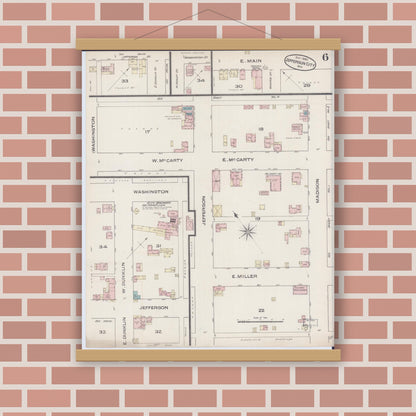 Old map wall art mockup — magnetic wood frame on brick wall — Sanborn Fire Insurance Map from Jefferson City, Cole County, Missouri (1885), Sheet #0006