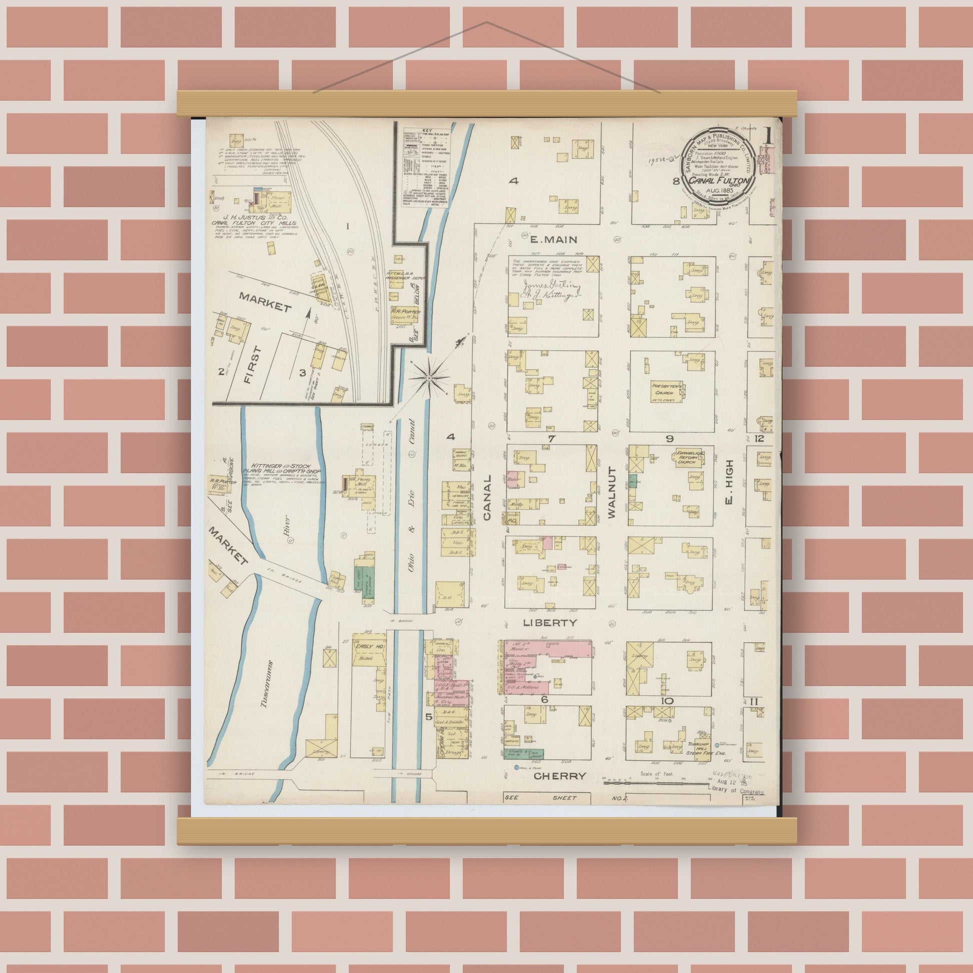 Old map wall art mockup — magnetic wood frame on brick wall — Sanborn Fire Insurance Map from Canal Fulton, Stark County, Ohio (1885), Sheet #0001