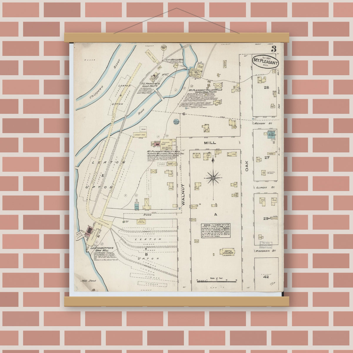 Old map wall art mockup — magnetic wood frame on brick wall — Sanborn Fire Insurance Map from Mount Pleasant, Isabella County, Michigan (1884), Sheet #0003