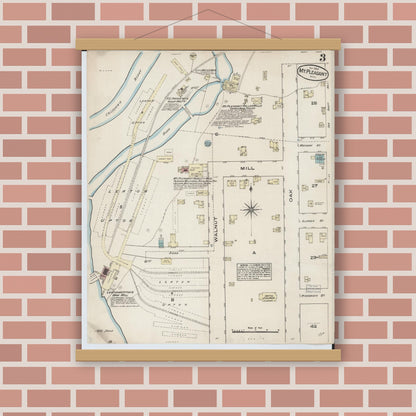 Old map wall art mockup — magnetic wood frame on brick wall — Sanborn Fire Insurance Map from Mount Pleasant, Isabella County, Michigan (1884), Sheet #0003