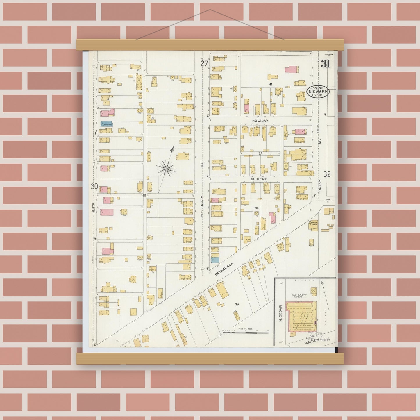 Old map wall art mockup — magnetic wood frame on brick wall — Sanborn Fire Insurance Map from Newark, Licking County, Ohio (1905), Sheet #0031