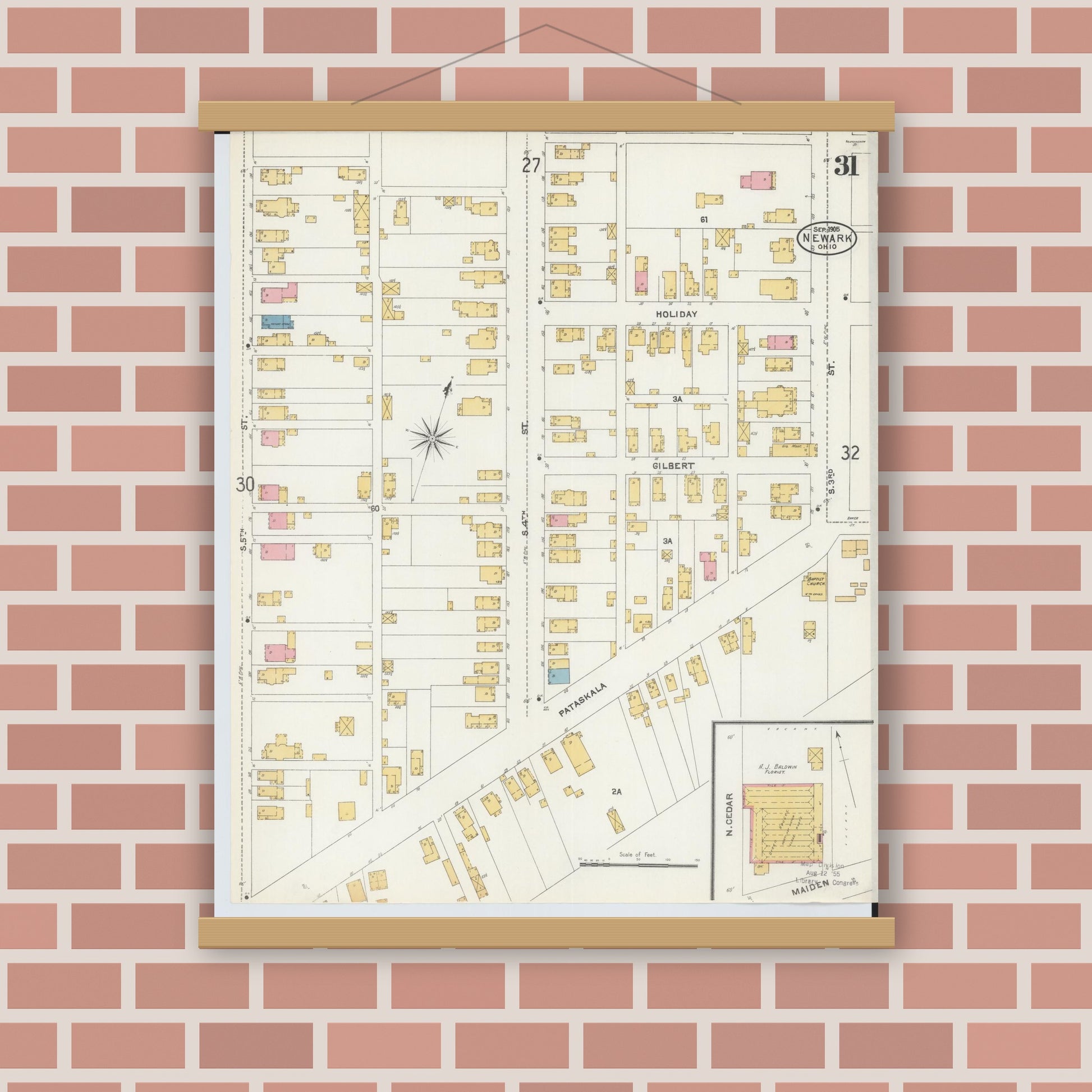 Old map wall art mockup — magnetic wood frame on brick wall — Sanborn Fire Insurance Map from Newark, Licking County, Ohio (1905), Sheet #0031