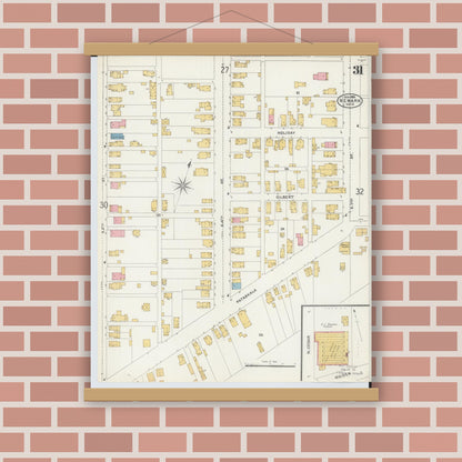 Old map wall art mockup — magnetic wood frame on brick wall — Sanborn Fire Insurance Map from Newark, Licking County, Ohio (1905), Sheet #0031
