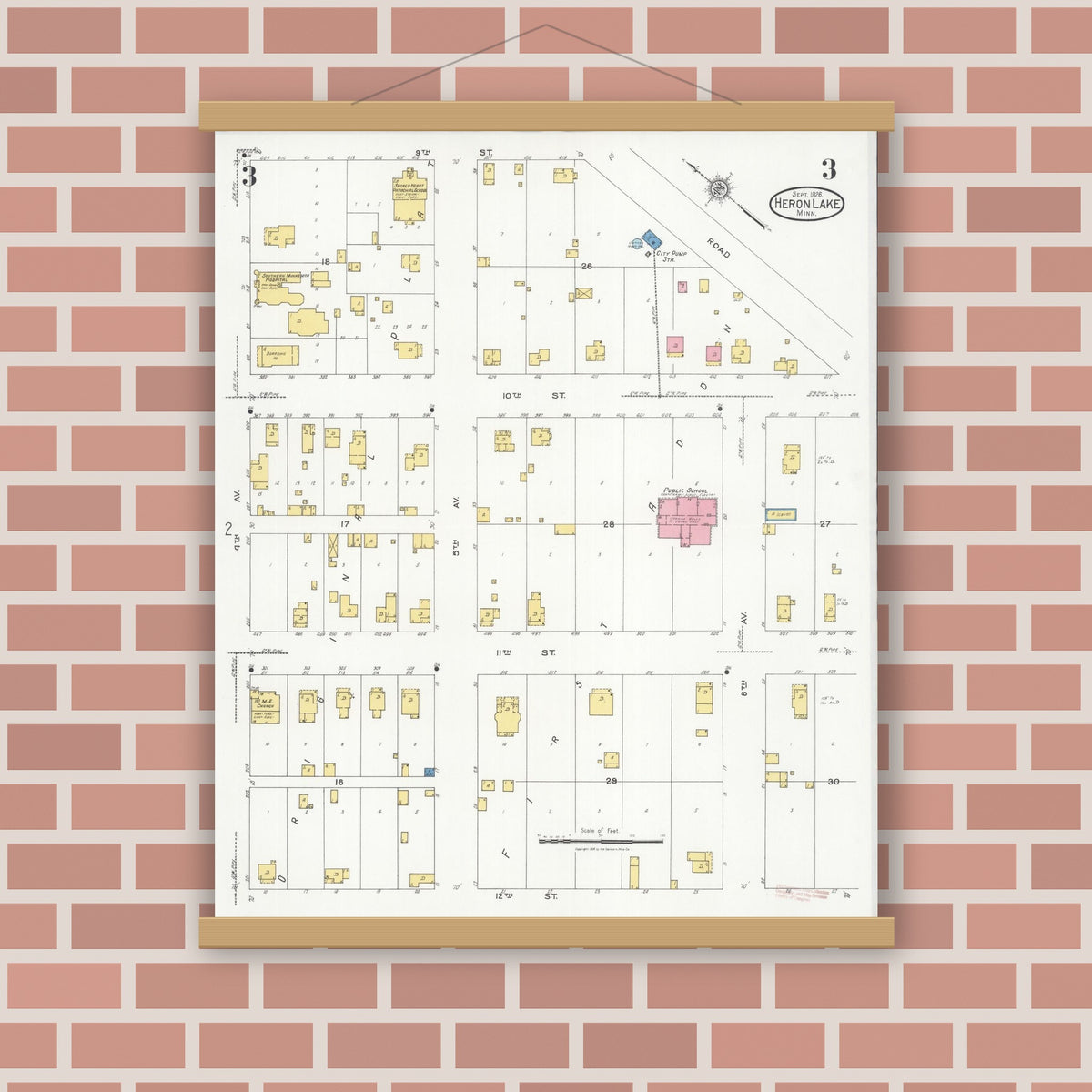 Old map wall art mockup — magnetic wood frame on brick wall — Sanborn Fire Insurance Map from Heron Lake, Jackson County, Minnesota (1926), Sheet #0003