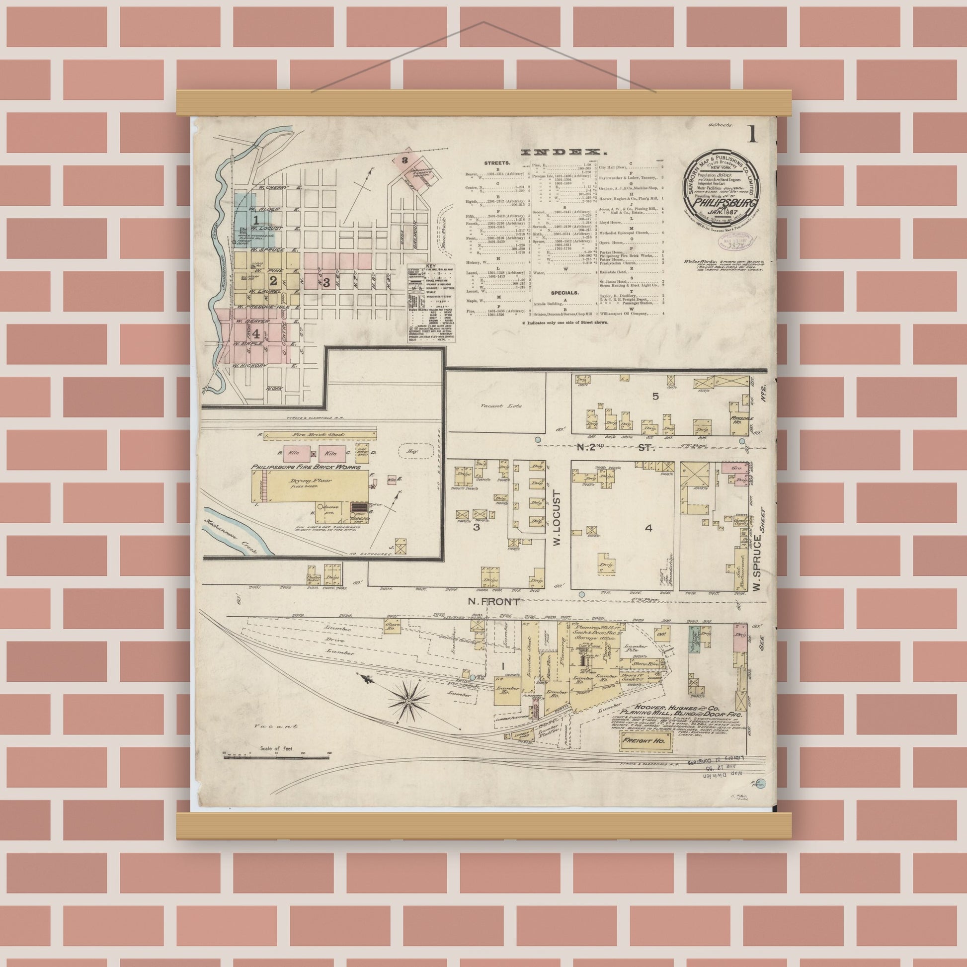 Old map wall art mockup — magnetic wood frame on brick wall — Sanborn Fire Insurance Map from Philipsburg, Centre County, Pennsylvania (1887), Sheet #0001