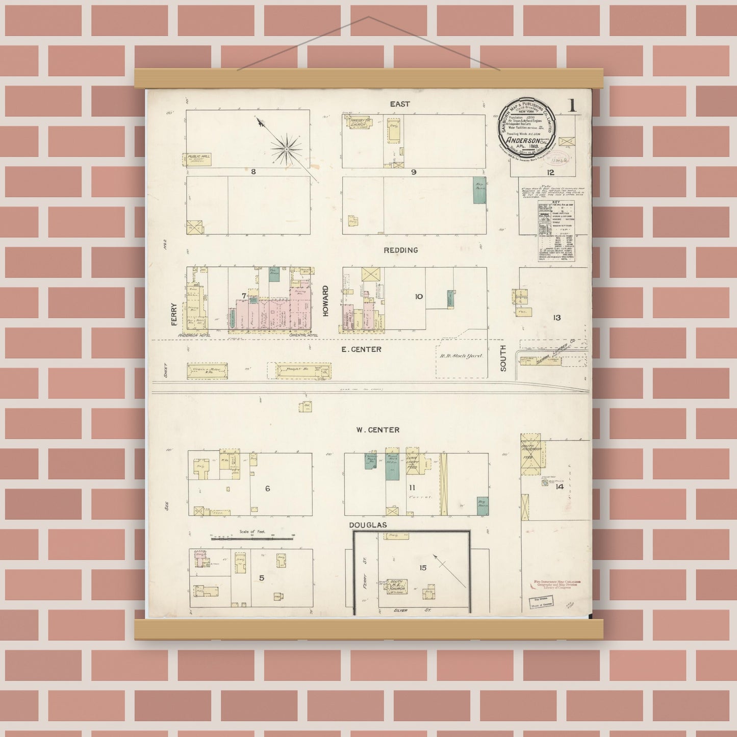 Old map wall art mockup — magnetic wood frame on brick wall — Sanborn Fire Insurance Map from Anderson, Shasta County, California (1889), Sheet #0001