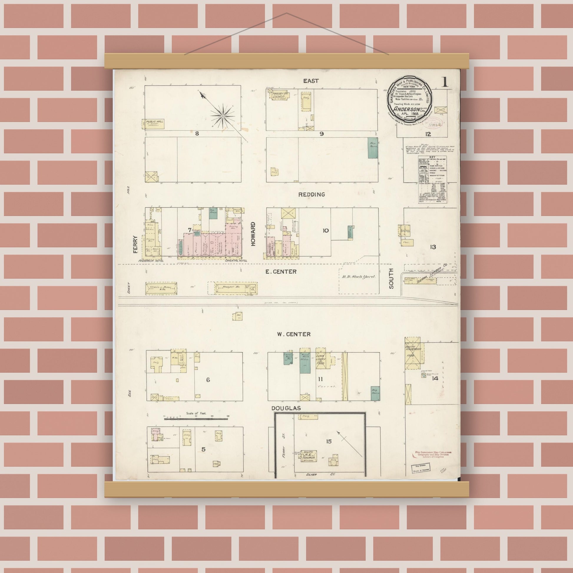 Old map wall art mockup — magnetic wood frame on brick wall — Sanborn Fire Insurance Map from Anderson, Shasta County, California (1889), Sheet #0001