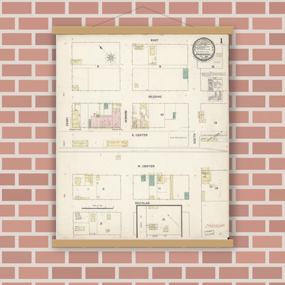Old map wall art mockup — magnetic wood frame on brick wall — Sanborn Fire Insurance Map from Anderson, Shasta County, California (1889), Sheet #0001
