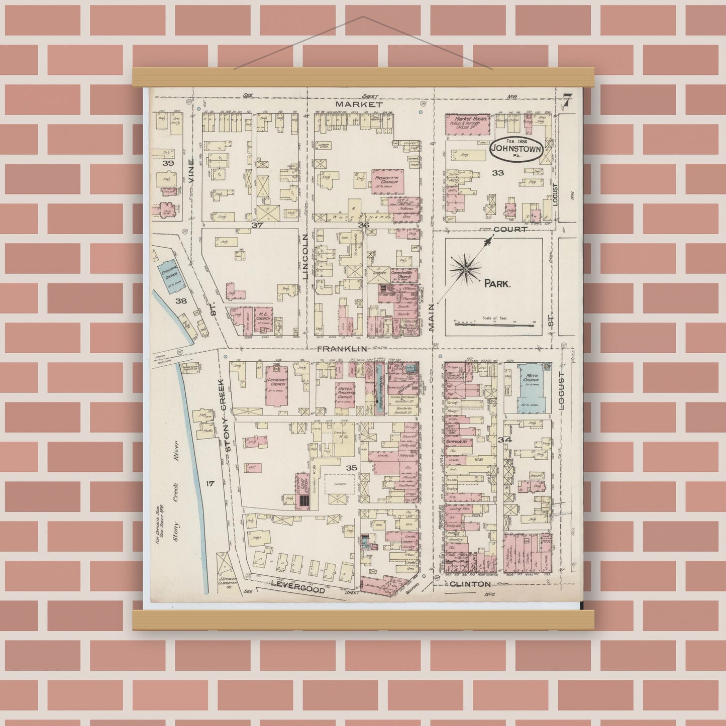 Old map wall art mockup — magnetic wood frame on brick wall — Sanborn Fire Insurance Map from Johnstown, Cambria County, Pennsylvania (1886), Sheet #0007