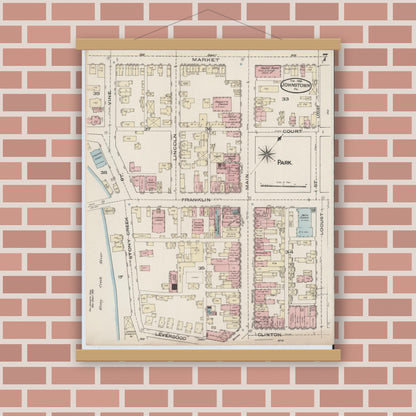 Old map wall art mockup — magnetic wood frame on brick wall — Sanborn Fire Insurance Map from Johnstown, Cambria County, Pennsylvania (1886), Sheet #0007