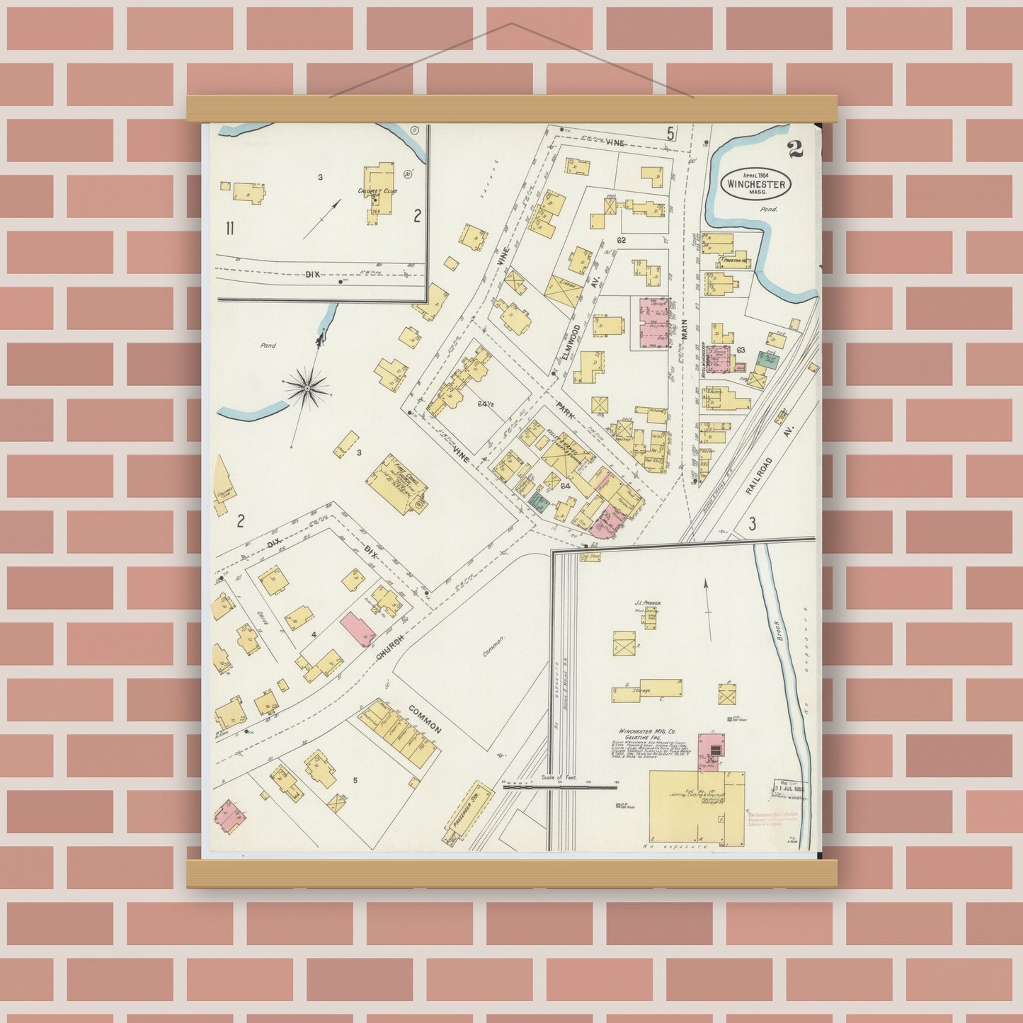 Old map wall art mockup — magnetic wood frame on brick wall — Sanborn Fire Insurance Map from Winchester, Middlesex County, Massachusetts (1904), Sheet #0002