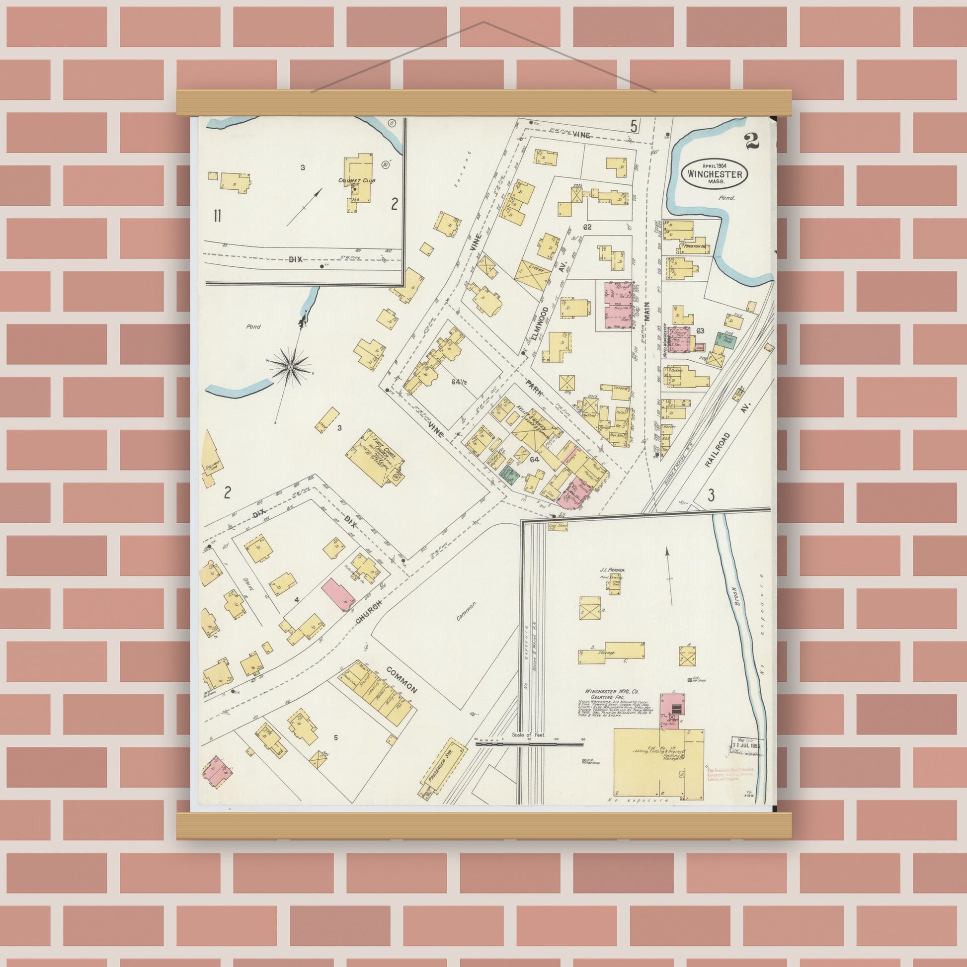 Old map wall art mockup — magnetic wood frame on brick wall — Sanborn Fire Insurance Map from Winchester, Middlesex County, Massachusetts (1904), Sheet #0002