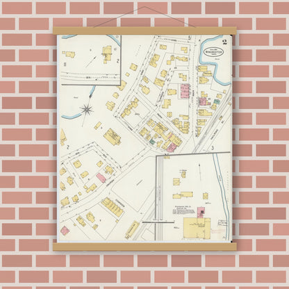 Old map wall art mockup — magnetic wood frame on brick wall — Sanborn Fire Insurance Map from Winchester, Middlesex County, Massachusetts (1904), Sheet #0002