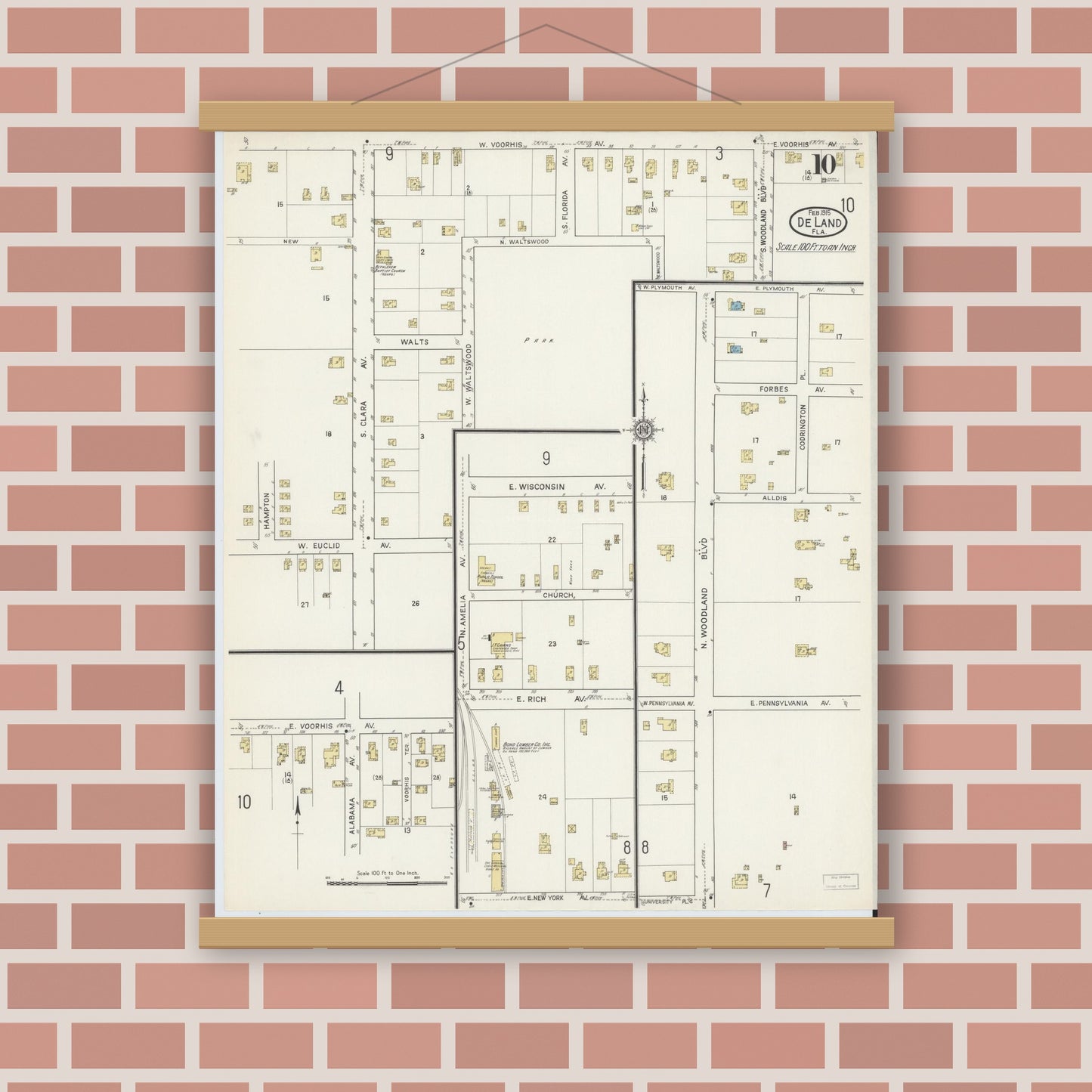 Old map wall art mockup — magnetic wood frame on brick wall — Sanborn Fire Insurance Map from De Land, Volusia County, Florida (1915), Sheet #0010