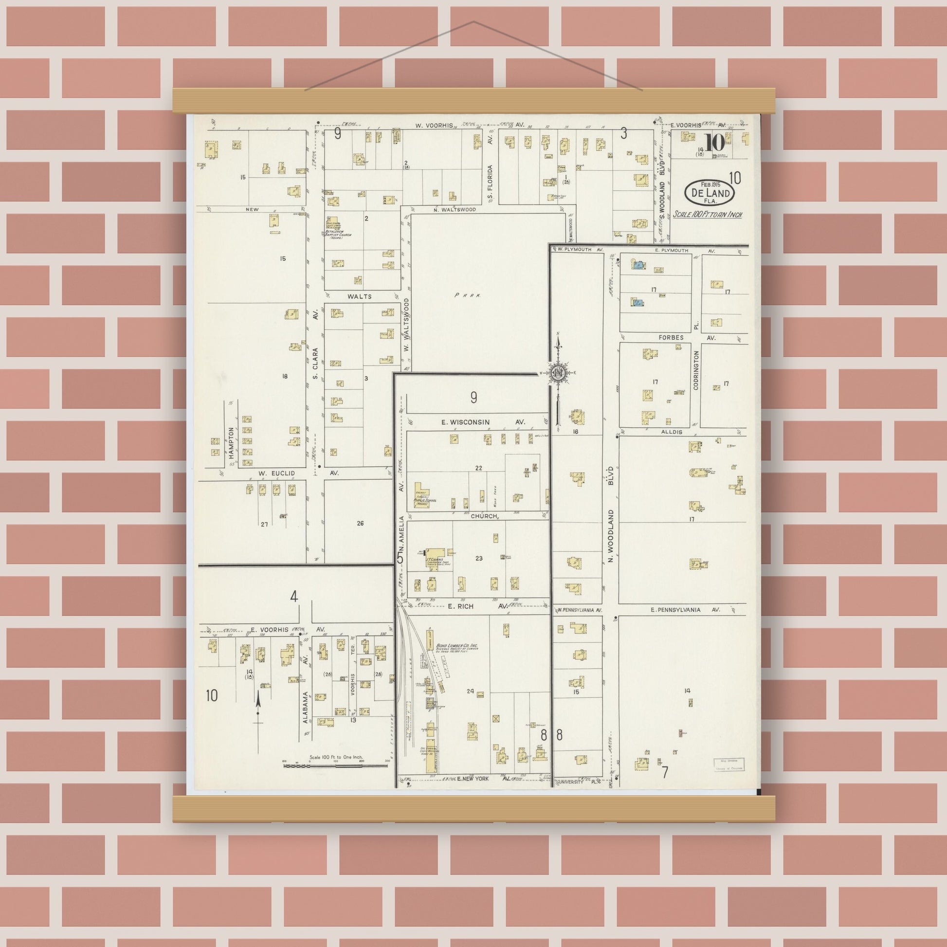 Old map wall art mockup — magnetic wood frame on brick wall — Sanborn Fire Insurance Map from De Land, Volusia County, Florida (1915), Sheet #0010