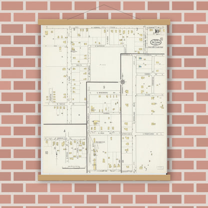 Old map wall art mockup — magnetic wood frame on brick wall — Sanborn Fire Insurance Map from De Land, Volusia County, Florida (1915), Sheet #0010