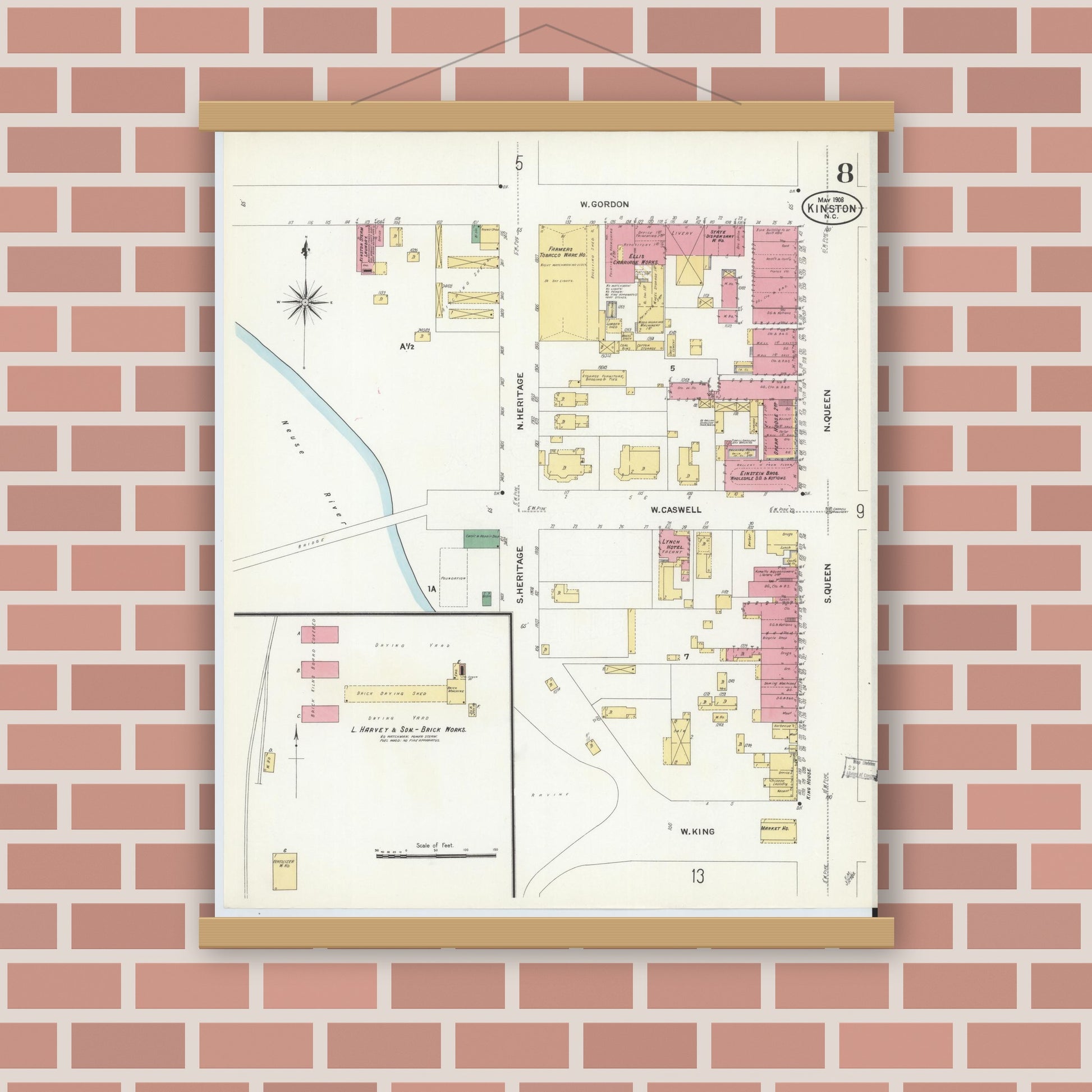 Old map wall art mockup — magnetic wood frame on brick wall — Sanborn Fire Insurance Map from Kinston, Lenoir County, North Carolina (1908), Sheet #0008