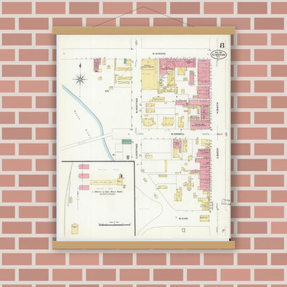 Old map wall art mockup — magnetic wood frame on brick wall — Sanborn Fire Insurance Map from Kinston, Lenoir County, North Carolina (1908), Sheet #0008