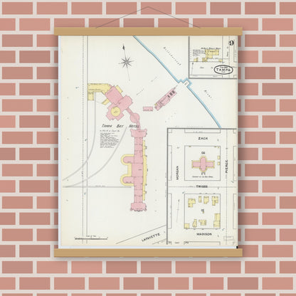 Old map wall art mockup — magnetic wood frame on brick wall — Sanborn Fire Insurance Map from Tampa, Hillsborough County, Florida (1892), Sheet #0009