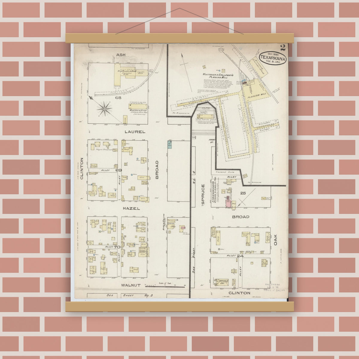 Old map wall art mockup — magnetic wood frame on brick wall — Sanborn Fire Insurance Map from Texarkana, Bowie County, Texas (1885), Sheet #0002