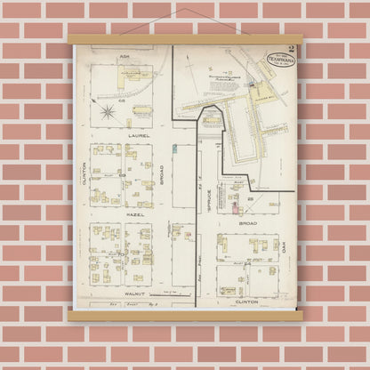 Old map wall art mockup — magnetic wood frame on brick wall — Sanborn Fire Insurance Map from Texarkana, Bowie County, Texas (1885), Sheet #0002