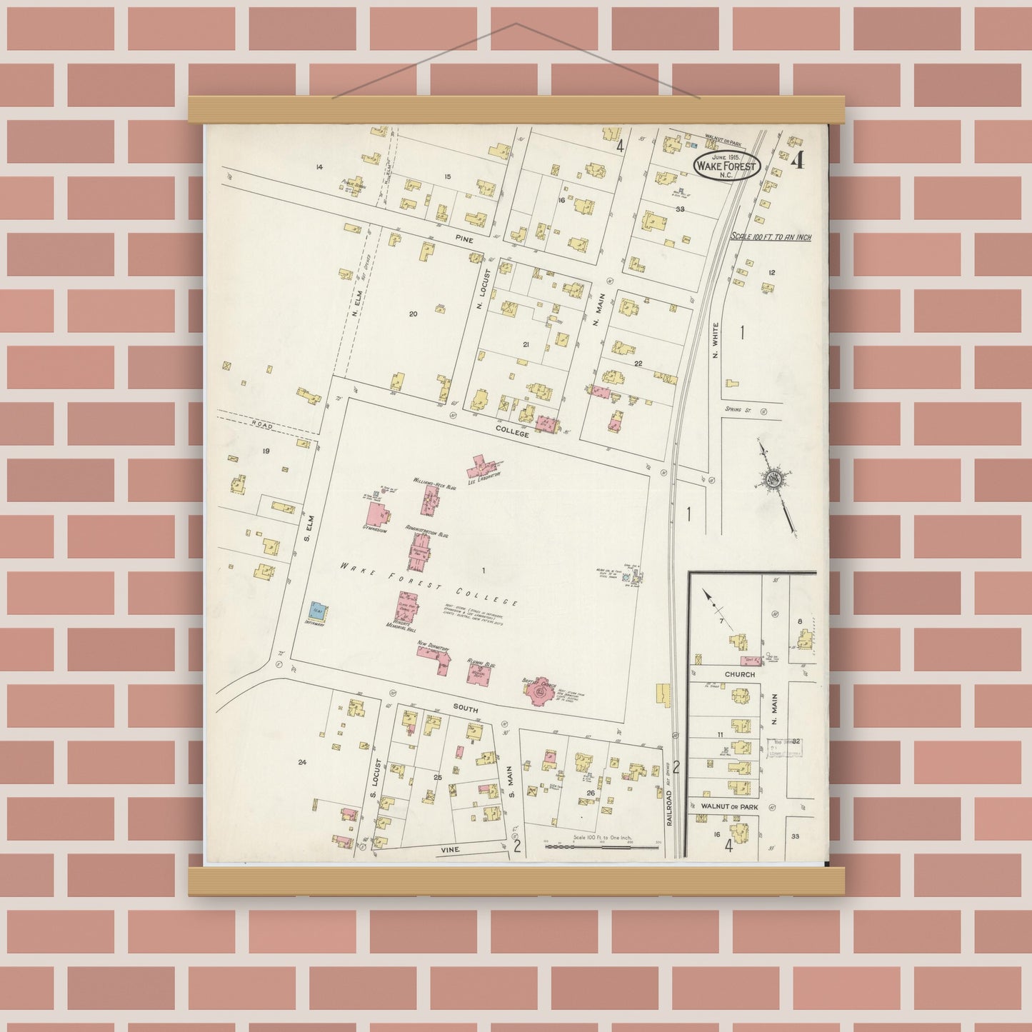 Old map wall art mockup — magnetic wood frame on brick wall — Sanborn Fire Insurance Map from Wake Forest, Wake County, North Carolina (1915), Sheet #0004