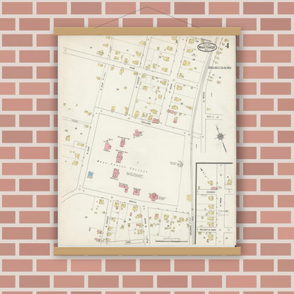Old map wall art mockup — magnetic wood frame on brick wall — Sanborn Fire Insurance Map from Wake Forest, Wake County, North Carolina (1915), Sheet #0004