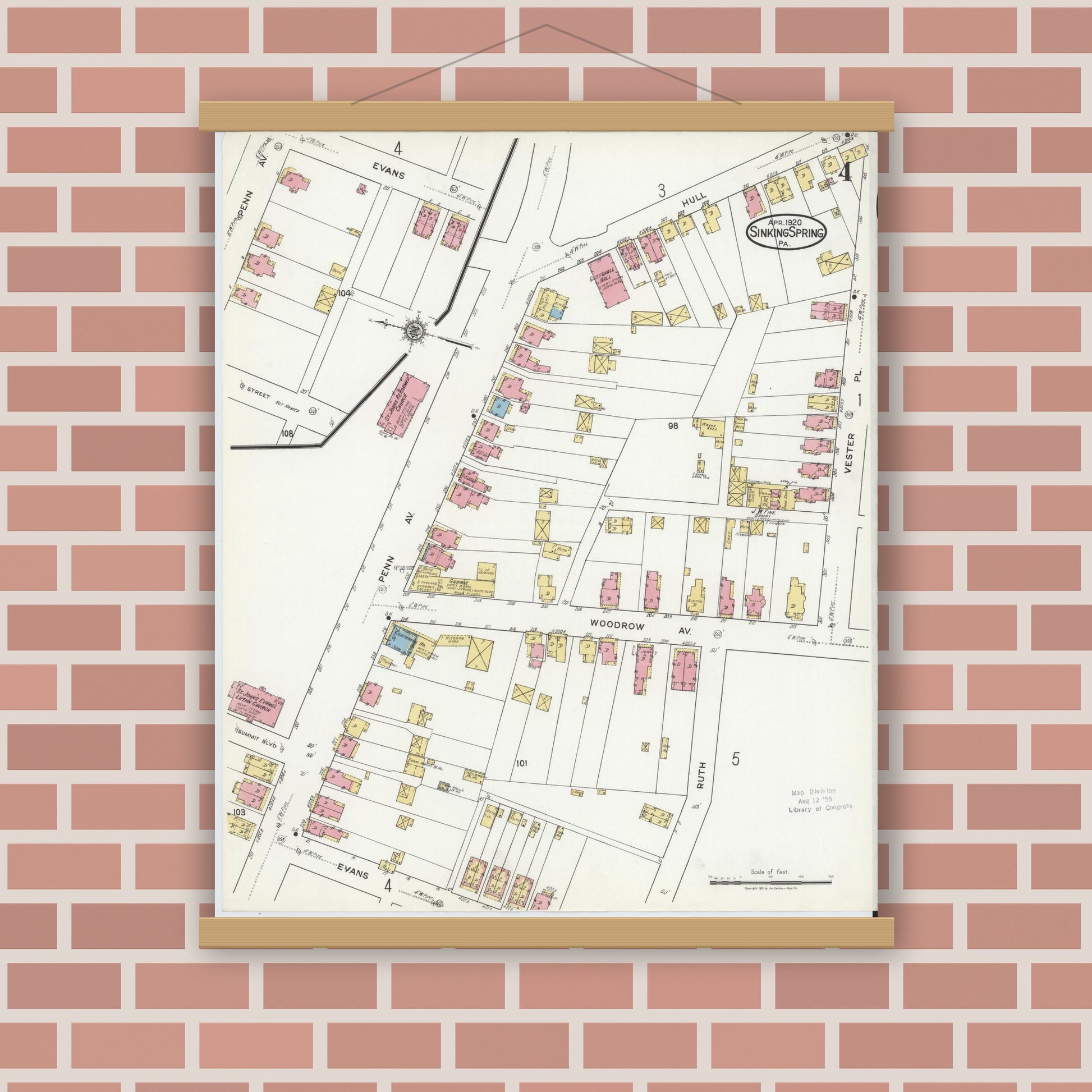 Old map wall art mockup — magnetic wood frame on brick wall — Sanborn Fire Insurance Map from Sinking Spring, Berks County, Pennsylvania (1920), Sheet #0004
