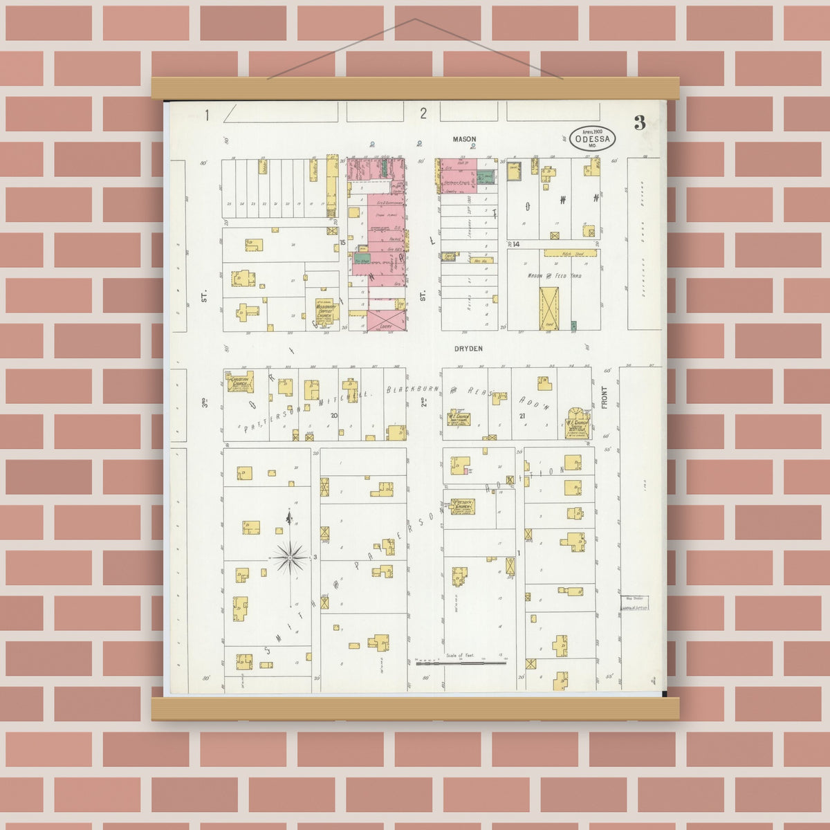 Old map wall art mockup — magnetic wood frame on brick wall — Sanborn Fire Insurance Map from Odessa, Lafayette County, Missouri (1900), Sheet #0003