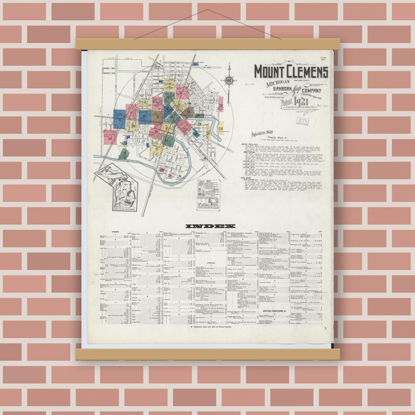 Old map wall art mockup — magnetic wood frame on brick wall — Sanborn Fire Insurance Map from Mount Clemens, Macomb County, Michigan (1921) - Complete Map Set
