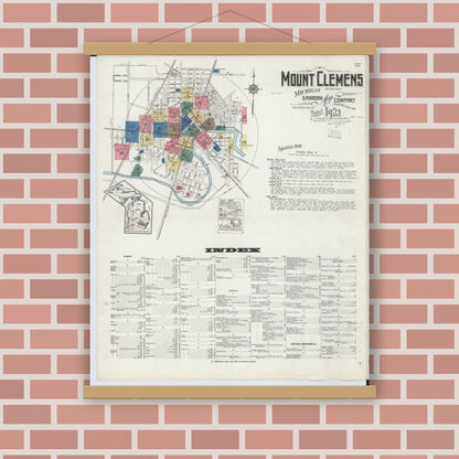 Old map wall art mockup — magnetic wood frame on brick wall — Sanborn Fire Insurance Map from Mount Clemens, Macomb County, Michigan (1921) - Complete Map Set
