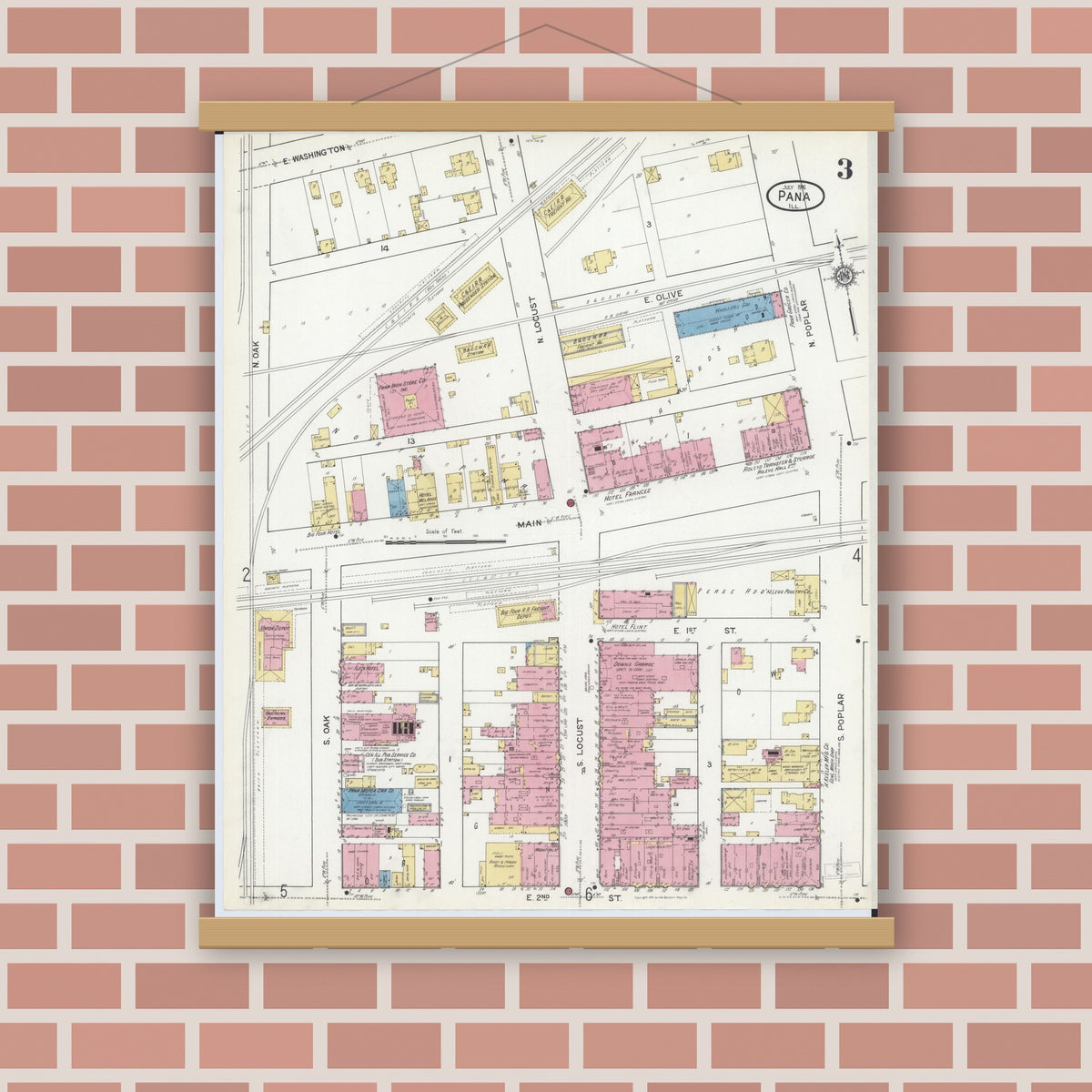 Old map wall art mockup — magnetic wood frame on brick wall — Sanborn Fire Insurance Map from Pana, Christian County, Illinois (1916), Sheet #0003