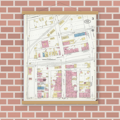 Old map wall art mockup — magnetic wood frame on brick wall — Sanborn Fire Insurance Map from Pana, Christian County, Illinois (1916), Sheet #0003