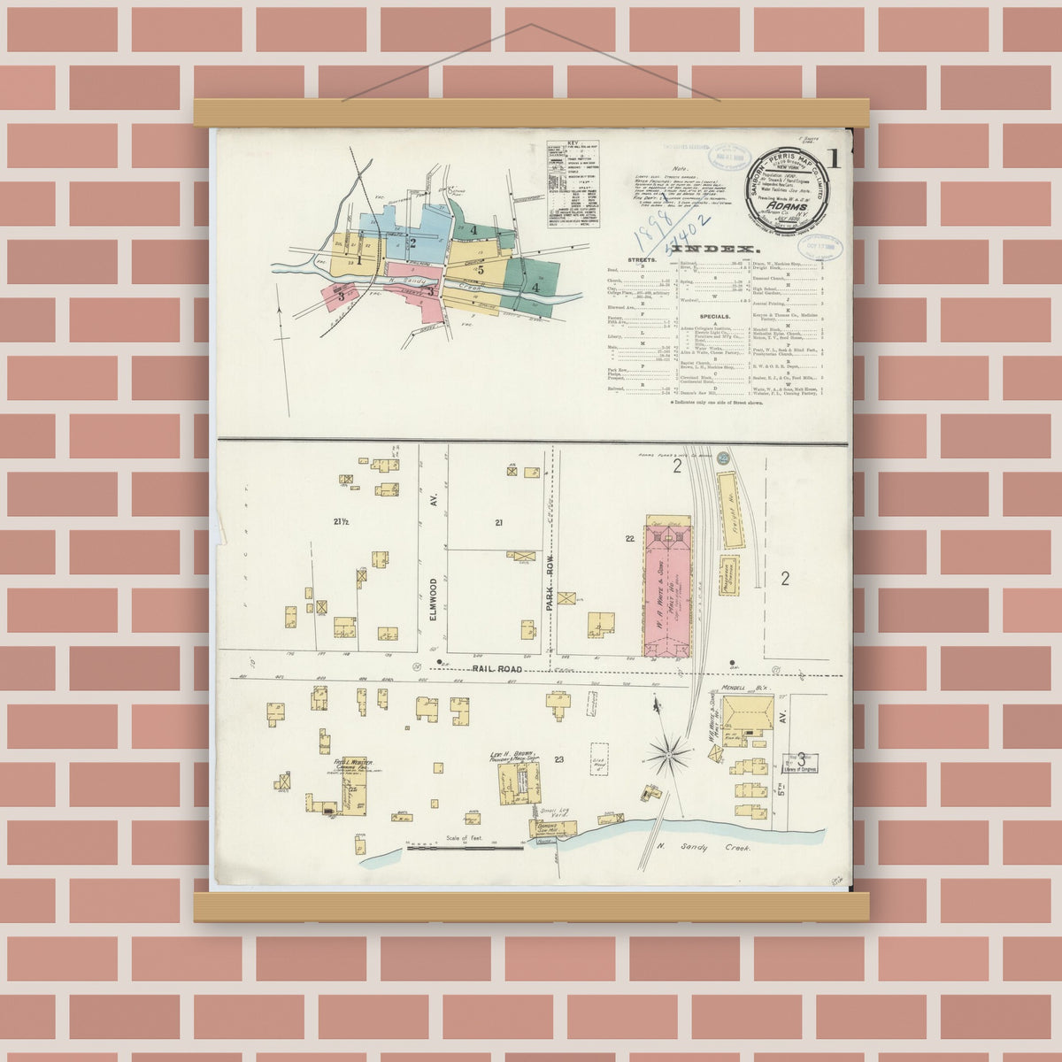 Old map wall art mockup — magnetic wood frame on brick wall — Sanborn Fire Insurance Map from Adams, Jefferson County, New York (1898), Sheet #0001