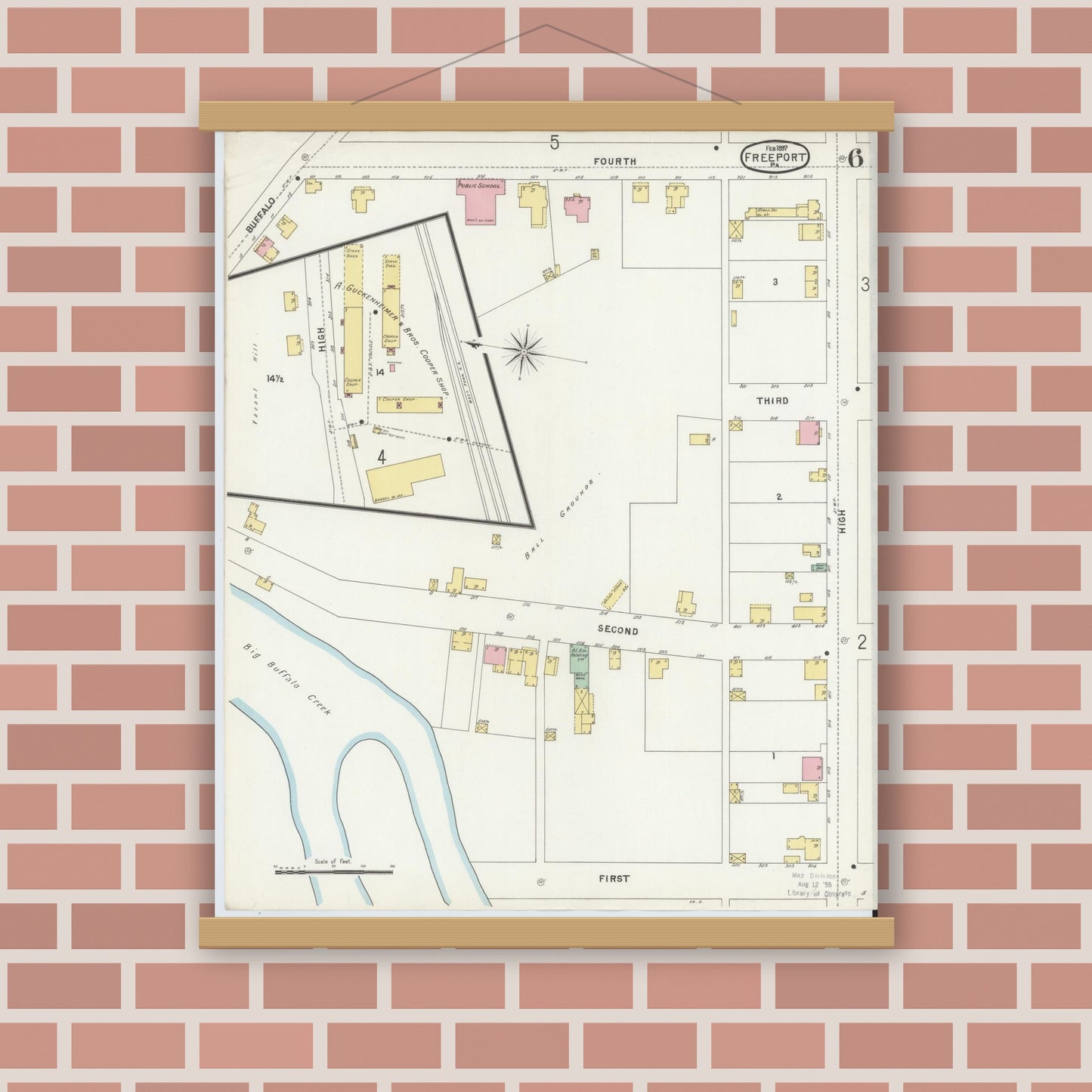 Old map wall art mockup — magnetic wood frame on brick wall — Sanborn Fire Insurance Map from Freeport, Armstrong County, Pennsylvania (1897), Sheet #0006
