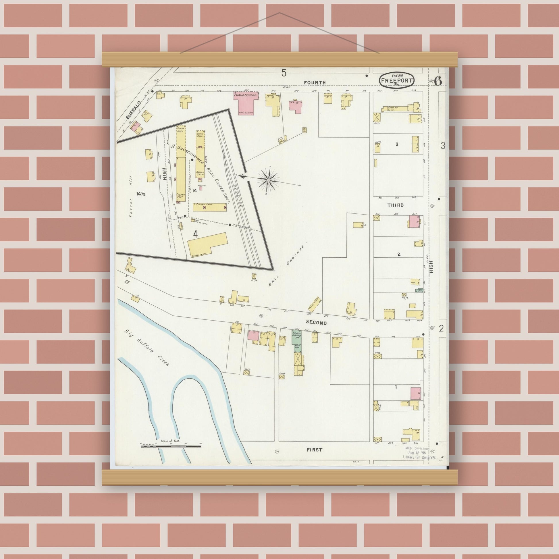 Old map wall art mockup — magnetic wood frame on brick wall — Sanborn Fire Insurance Map from Freeport, Armstrong County, Pennsylvania (1897), Sheet #0006