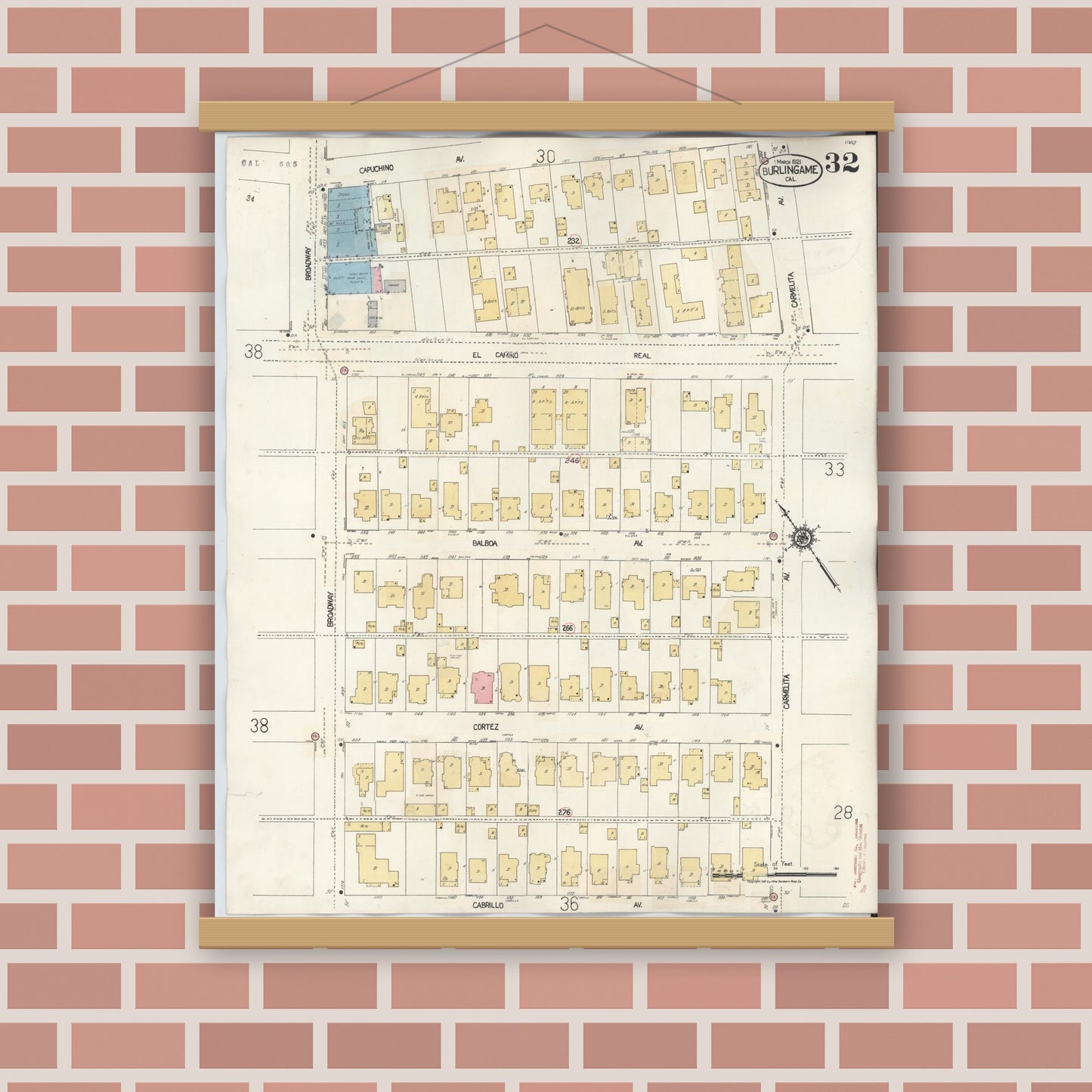 Old map wall art mockup — magnetic wood frame on brick wall — Sanborn Fire Insurance Map from Burlingame, San Mateo County, California (1949), Sheet #0032