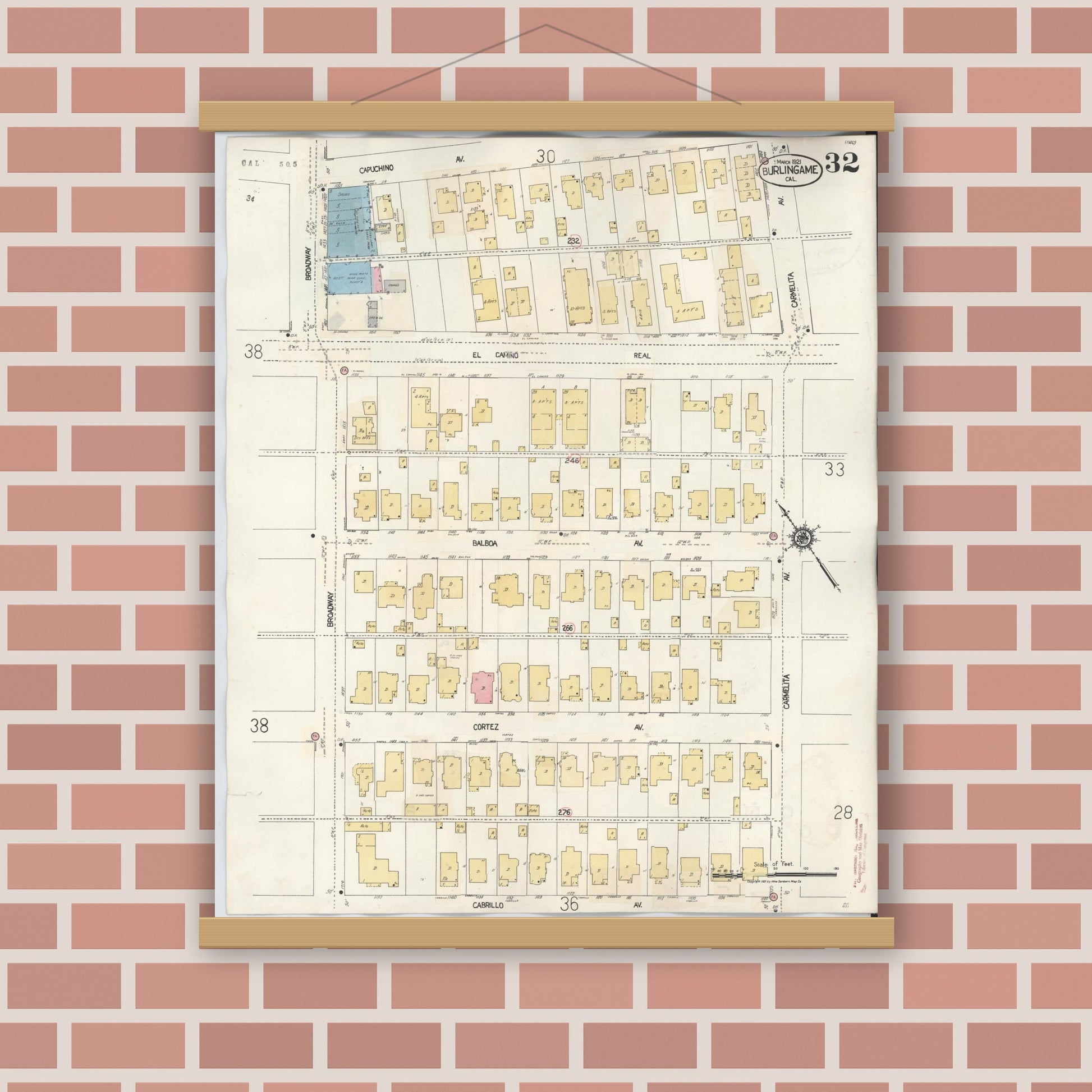 Old map wall art mockup — magnetic wood frame on brick wall — Sanborn Fire Insurance Map from Burlingame, San Mateo County, California (1949), Sheet #0032
