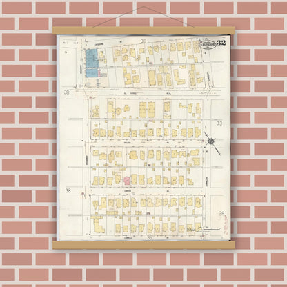 Old map wall art mockup — magnetic wood frame on brick wall — Sanborn Fire Insurance Map from Burlingame, San Mateo County, California (1949), Sheet #0032