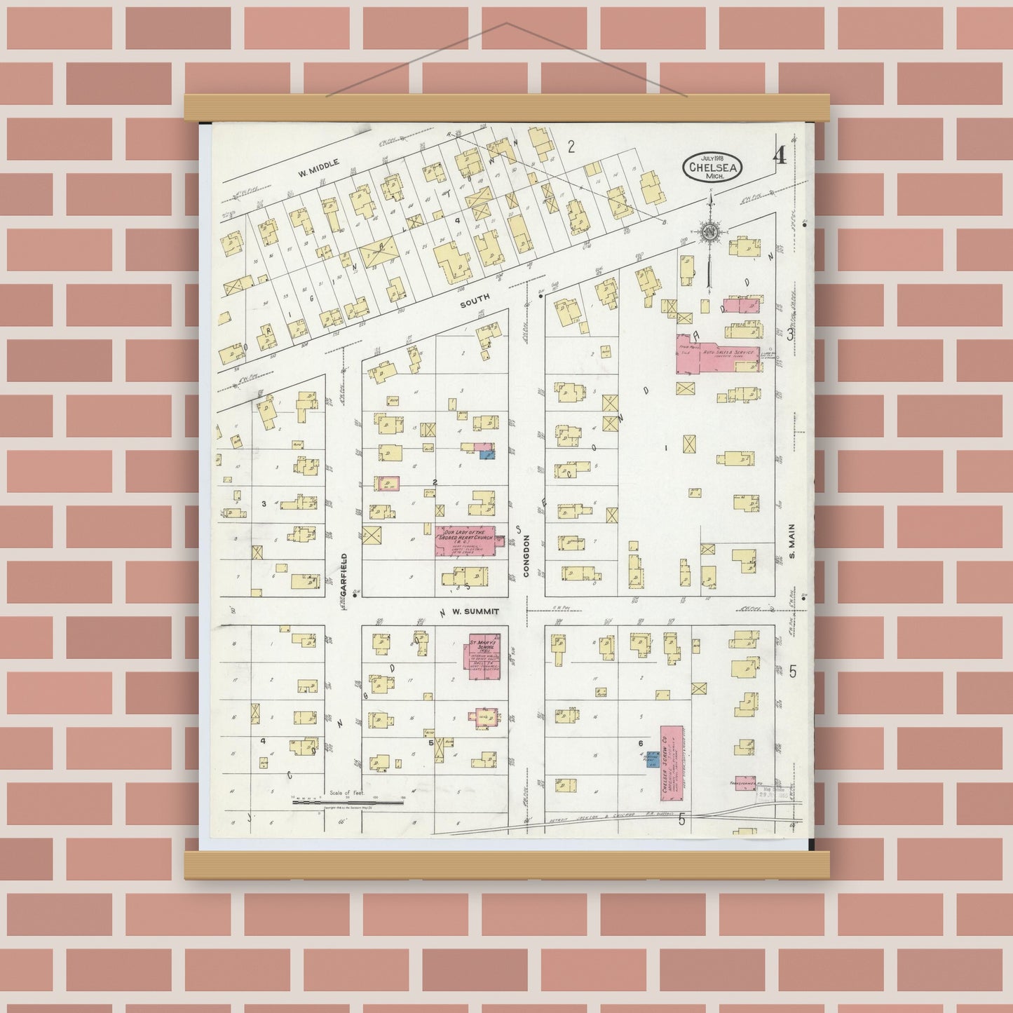Old map wall art mockup — magnetic wood frame on brick wall — Sanborn Fire Insurance Map from Chelsea, Washtenaw County, Michigan (1918), Sheet #0004