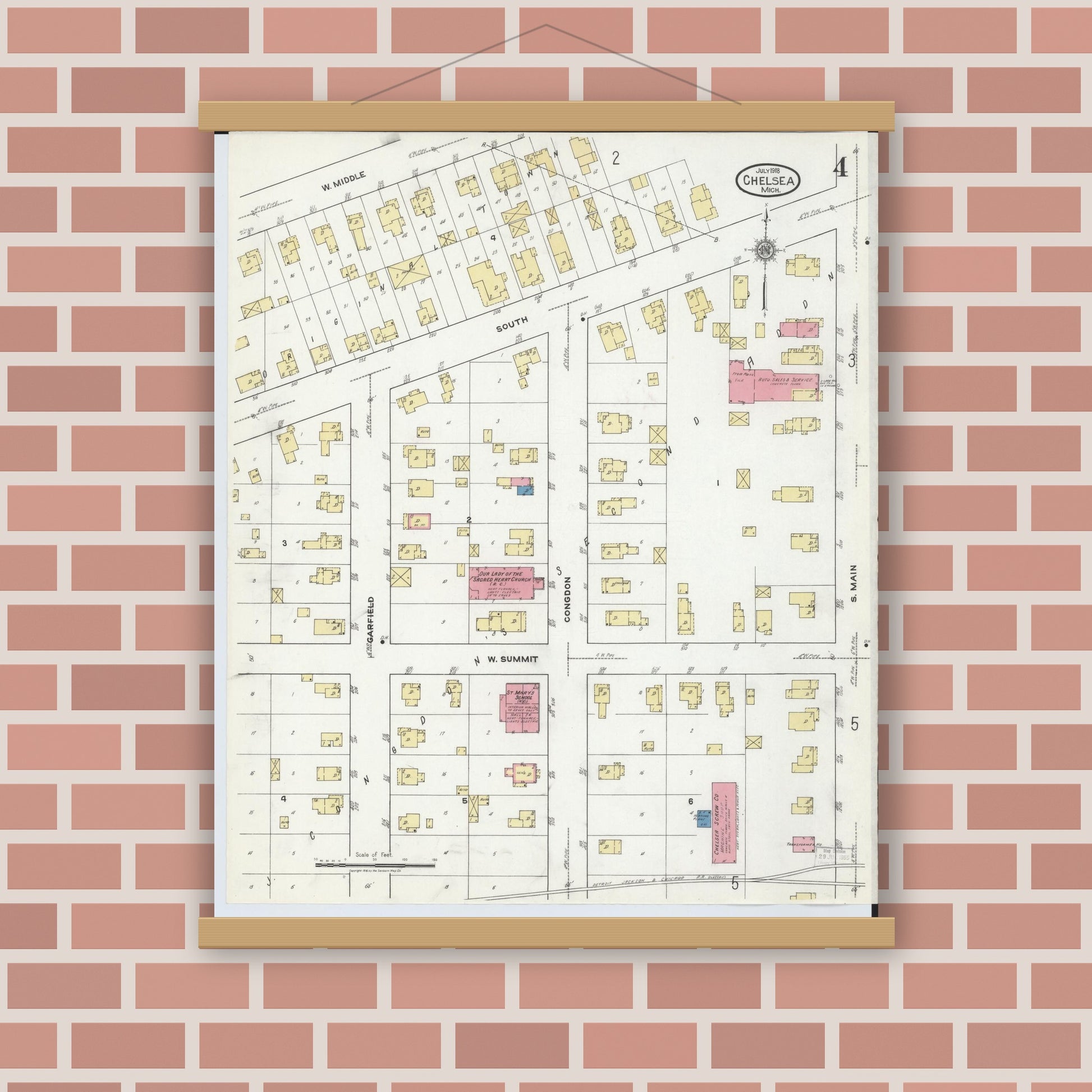 Old map wall art mockup — magnetic wood frame on brick wall — Sanborn Fire Insurance Map from Chelsea, Washtenaw County, Michigan (1918), Sheet #0004