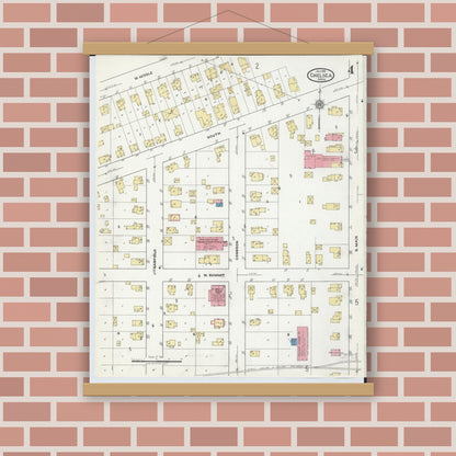 Old map wall art mockup — magnetic wood frame on brick wall — Sanborn Fire Insurance Map from Chelsea, Washtenaw County, Michigan (1918), Sheet #0004