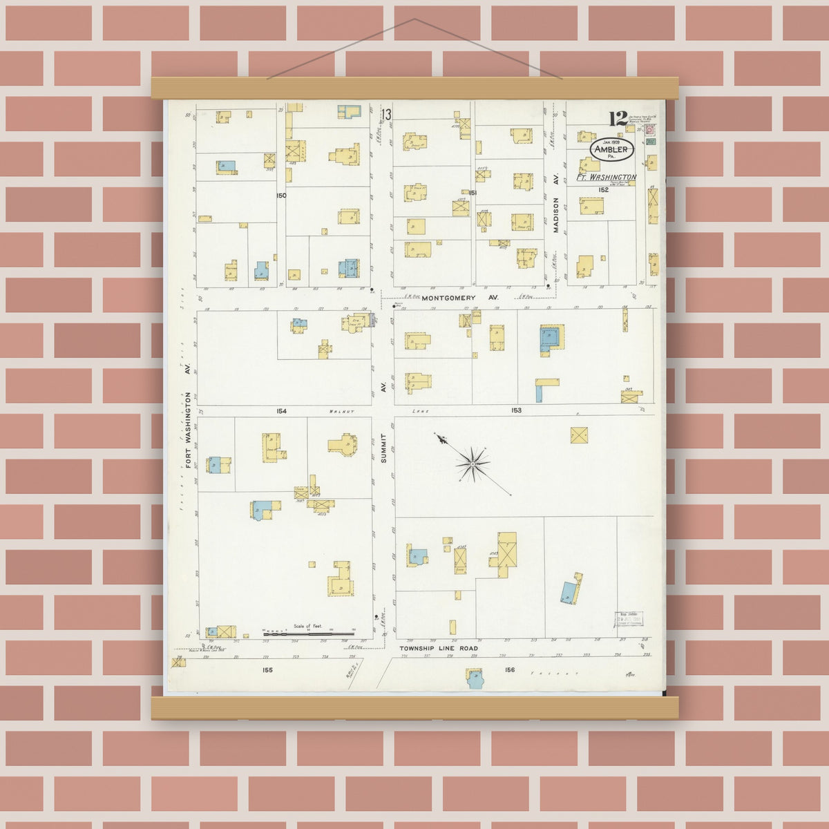 Old map wall art mockup — magnetic wood frame on brick wall — Sanborn Fire Insurance Map from Ambler, Montgomery County, Pennsylvania (1909), Sheet #0012