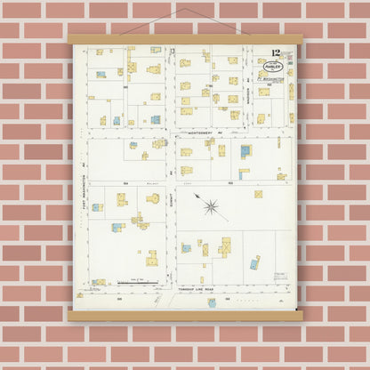 Old map wall art mockup — magnetic wood frame on brick wall — Sanborn Fire Insurance Map from Ambler, Montgomery County, Pennsylvania (1909), Sheet #0012